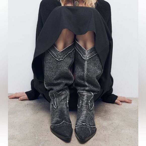 NWT Zara Rhinestone Denim Cowboy Boots - Picture 3 of 12